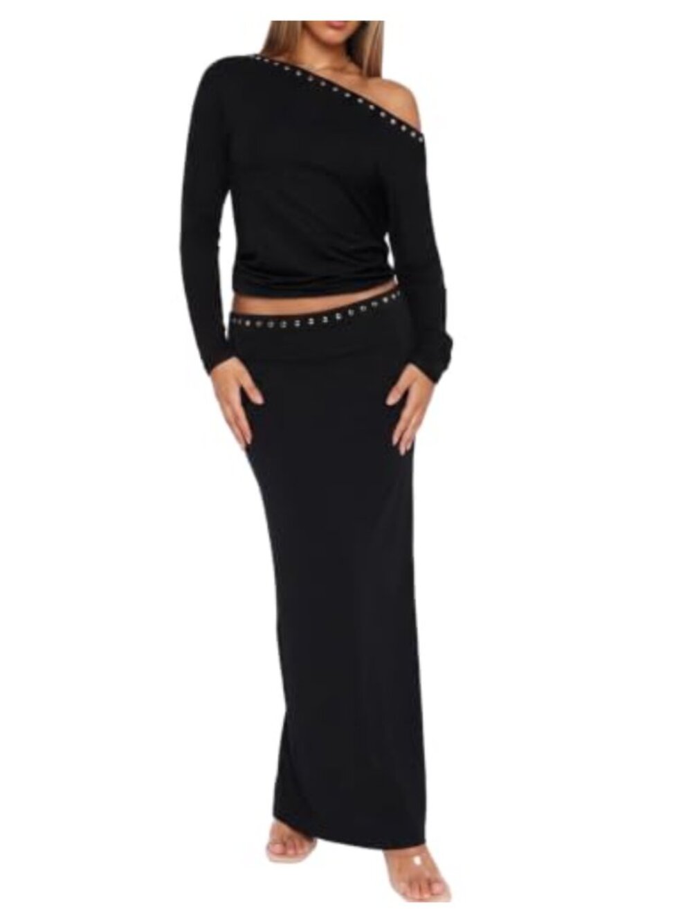 Womens 2 Piece One Shoulder Studded Maxi Skirt Set Date Night